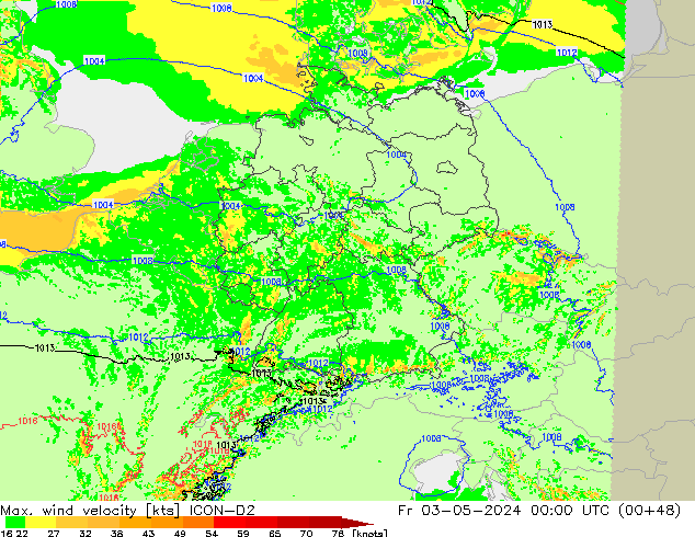 Max. wind snelheid ICON-D2 vr 03.05.2024 00 UTC