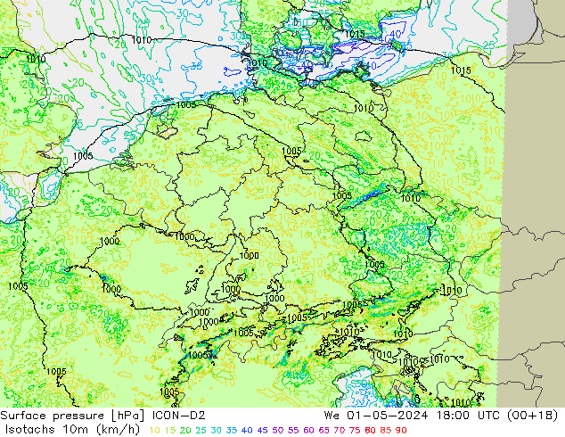 Isotachs (kph) ICON-D2 We 01.05.2024 18 UTC