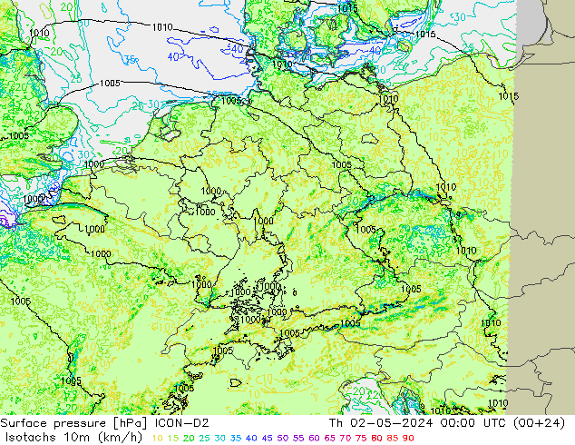 Isotachs (kph) ICON-D2 Th 02.05.2024 00 UTC