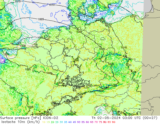 Isotaca (kph) ICON-D2 jue 02.05.2024 03 UTC