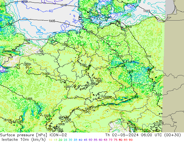 Isotachs (kph) ICON-D2 Čt 02.05.2024 06 UTC