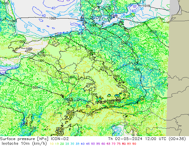 Isotachen (km/h) ICON-D2 do 02.05.2024 12 UTC