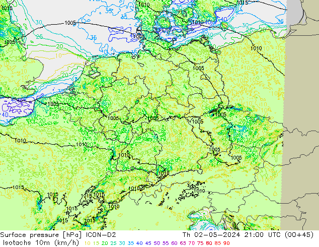 Isotachs (kph) ICON-D2 Th 02.05.2024 21 UTC