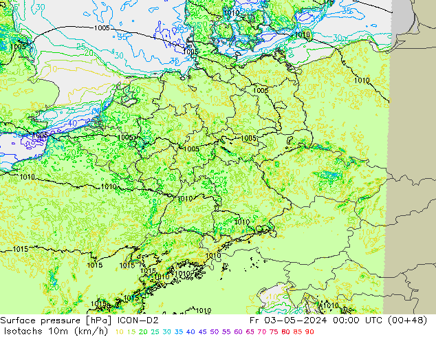 Isotachen (km/h) ICON-D2 Fr 03.05.2024 00 UTC