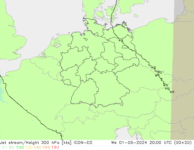 Jet stream/Height 300 hPa ICON-D2 We 01.05.2024 20 UTC