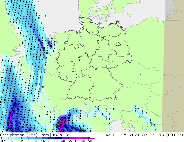 Precipitation (12h) ICON-D2 We 01.05.2024 12 UTC