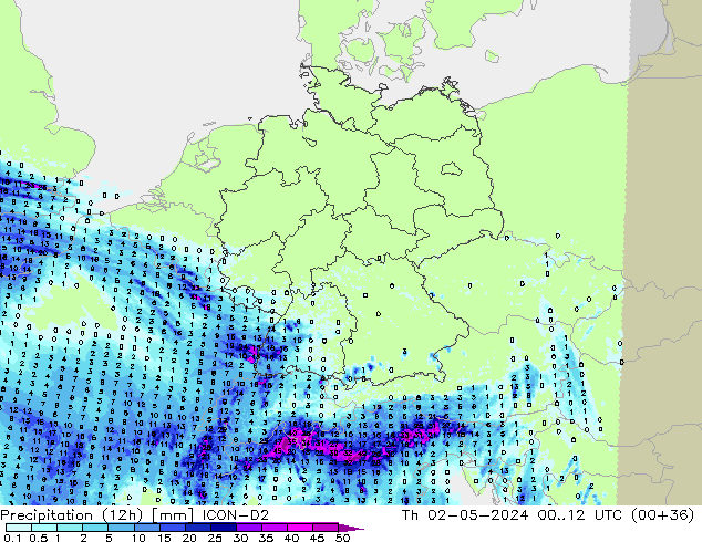осадки (12h) ICON-D2 чт 02.05.2024 12 UTC
