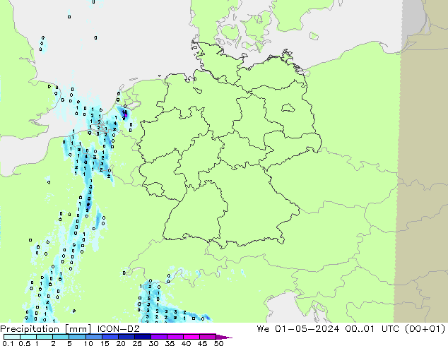 Précipitation ICON-D2 mer 01.05.2024 01 UTC