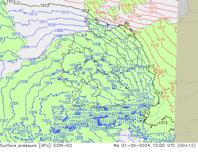 Surface pressure ICON-D2 We 01.05.2024 12 UTC