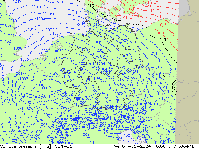 Surface pressure ICON-D2 We 01.05.2024 18 UTC