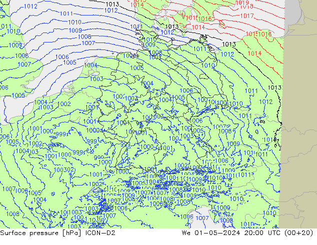 Surface pressure ICON-D2 We 01.05.2024 20 UTC