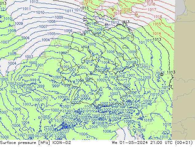 Surface pressure ICON-D2 We 01.05.2024 21 UTC