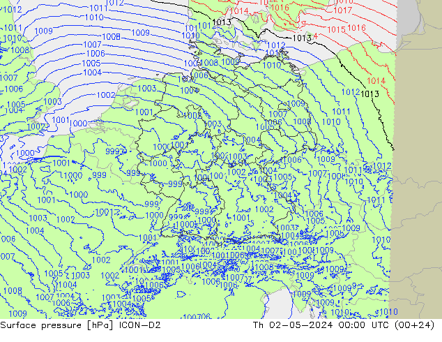 Atmosférický tlak ICON-D2 Čt 02.05.2024 00 UTC