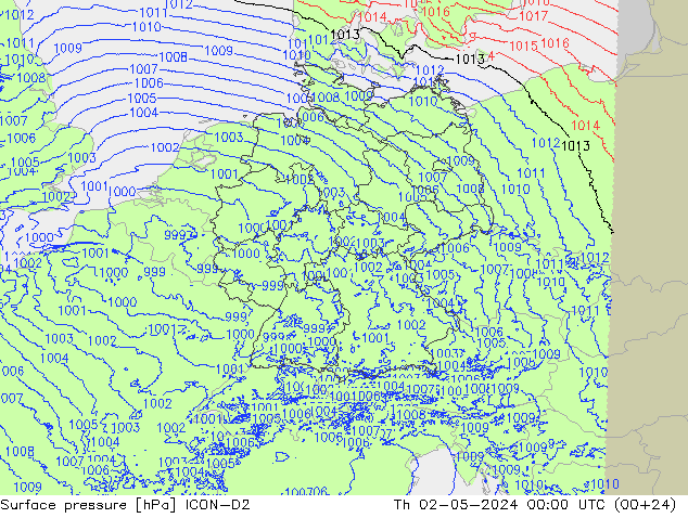 Presión superficial ICON-D2 jue 02.05.2024 00 UTC