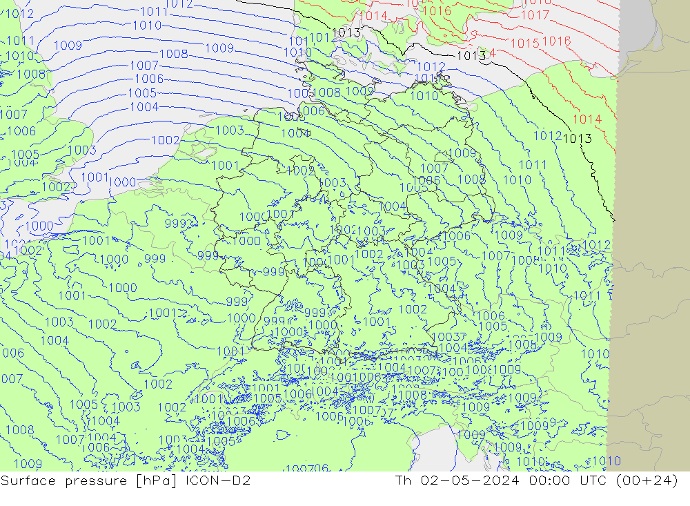 Presión superficial ICON-D2 jue 02.05.2024 00 UTC