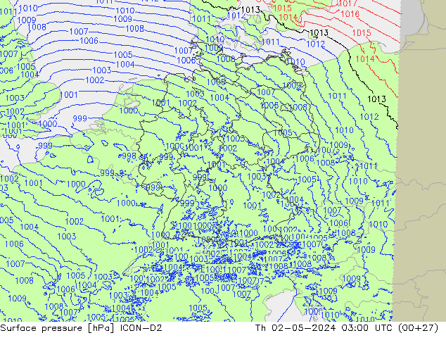 Atmosférický tlak ICON-D2 Čt 02.05.2024 03 UTC