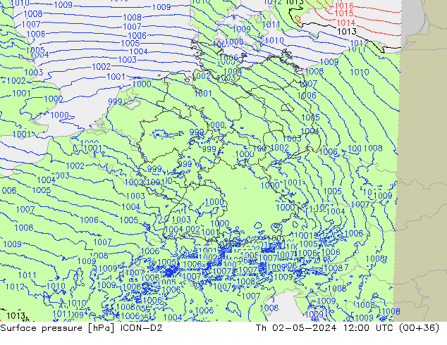 Surface pressure ICON-D2 Th 02.05.2024 12 UTC