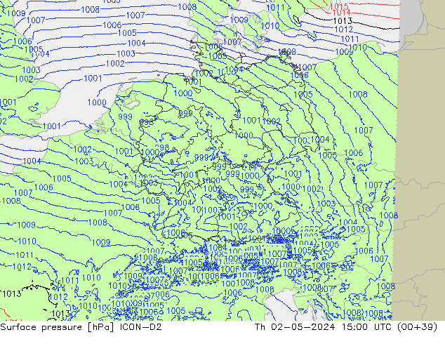 Surface pressure ICON-D2 Th 02.05.2024 15 UTC