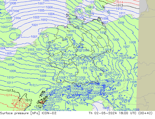 Surface pressure ICON-D2 Th 02.05.2024 18 UTC