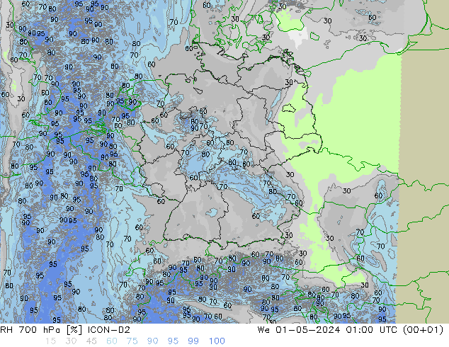 Humidité rel. 700 hPa ICON-D2 mer 01.05.2024 01 UTC