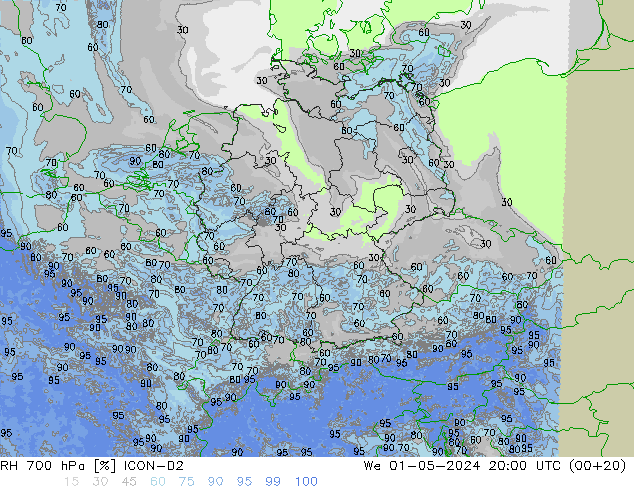 RH 700 hPa ICON-D2 Mi 01.05.2024 20 UTC