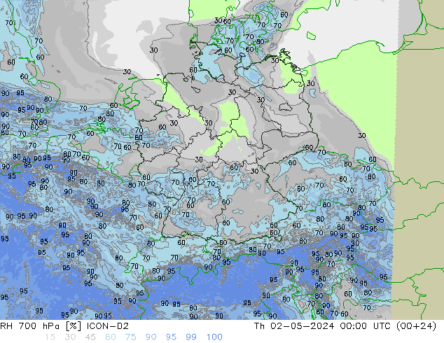 Humedad rel. 700hPa ICON-D2 jue 02.05.2024 00 UTC