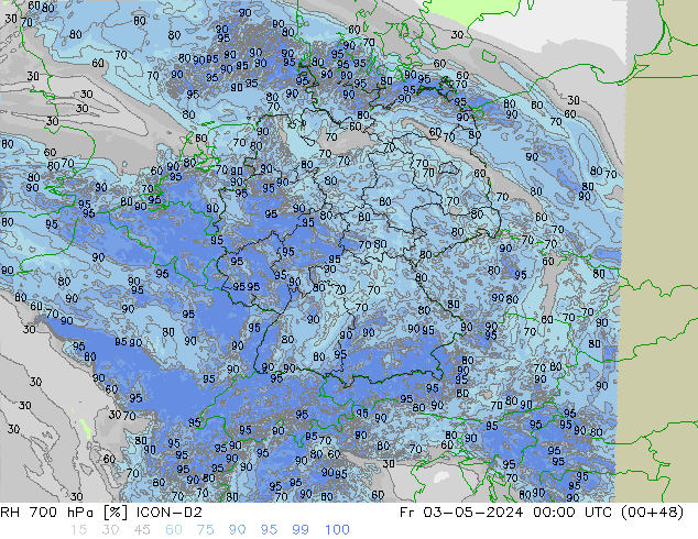 RH 700 hPa ICON-D2 Pá 03.05.2024 00 UTC