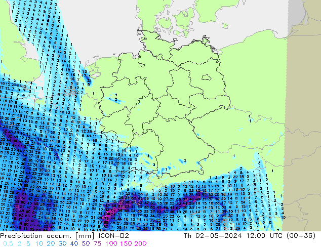 Precipitation accum. ICON-D2 Th 02.05.2024 12 UTC