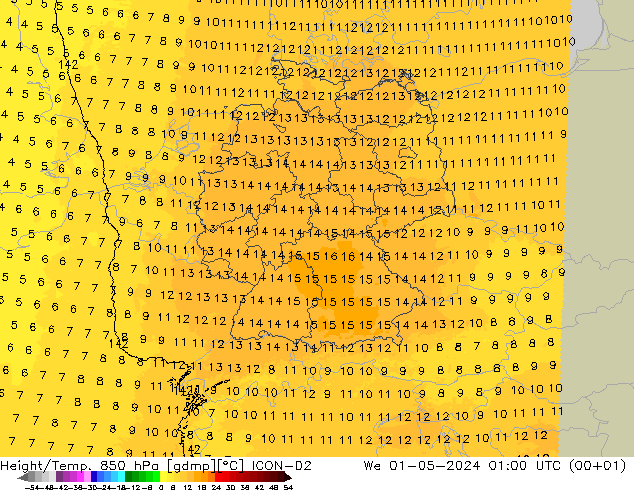 Géop./Temp. 850 hPa ICON-D2 mer 01.05.2024 01 UTC