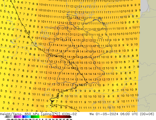 Height/Temp. 850 hPa ICON-D2 Qua 01.05.2024 06 UTC