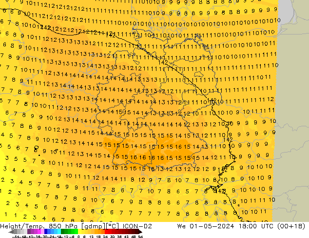 Height/Temp. 850 hPa ICON-D2 Qua 01.05.2024 18 UTC