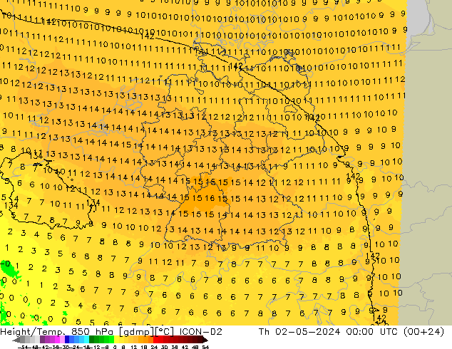 Height/Temp. 850 hPa ICON-D2  02.05.2024 00 UTC