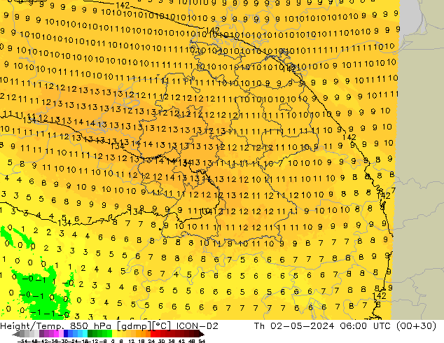 Height/Temp. 850 hPa ICON-D2 Th 02.05.2024 06 UTC