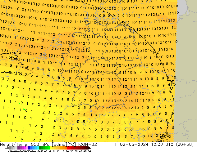 Height/Temp. 850 hPa ICON-D2 Qui 02.05.2024 12 UTC