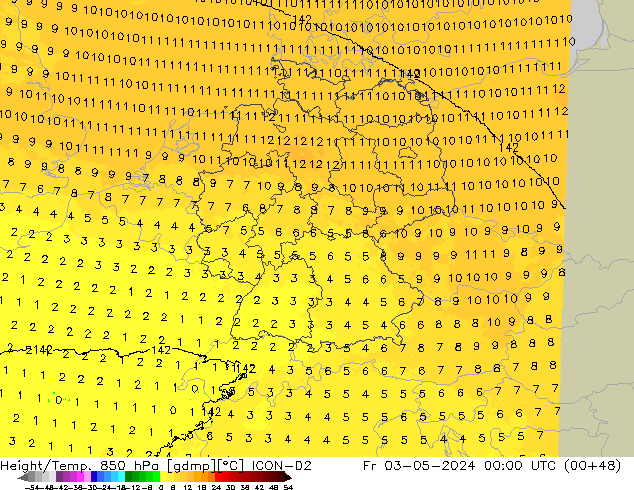 Height/Temp. 850 hPa ICON-D2  03.05.2024 00 UTC