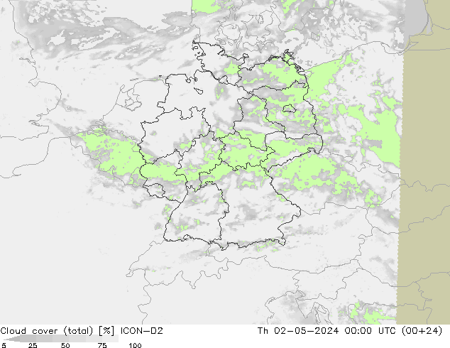 Cloud cover (total) ICON-D2 Čt 02.05.2024 00 UTC