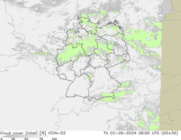 zachmurzenie (suma) ICON-D2 czw. 02.05.2024 06 UTC