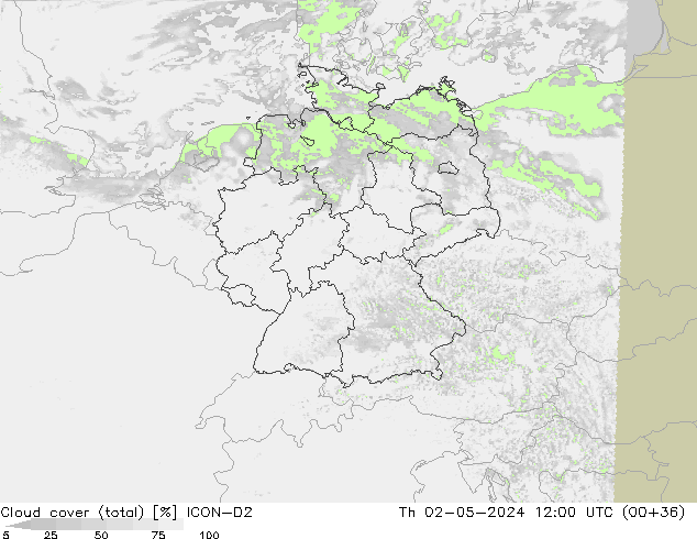 Cloud cover (total) ICON-D2 Th 02.05.2024 12 UTC