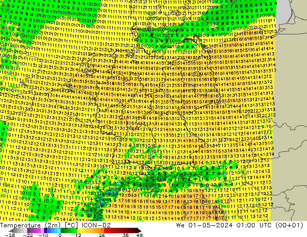 Temperature (2m) ICON-D2 We 01.05.2024 01 UTC