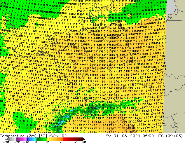 Temperature (2m) ICON-D2 We 01.05.2024 06 UTC