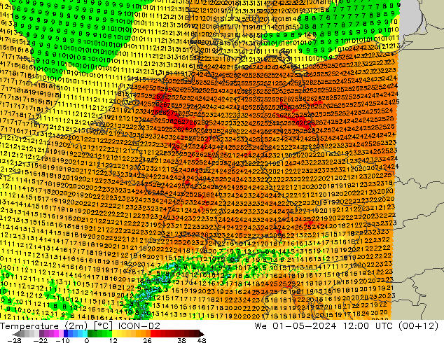 Temperatuurkaart (2m) ICON-D2 wo 01.05.2024 12 UTC