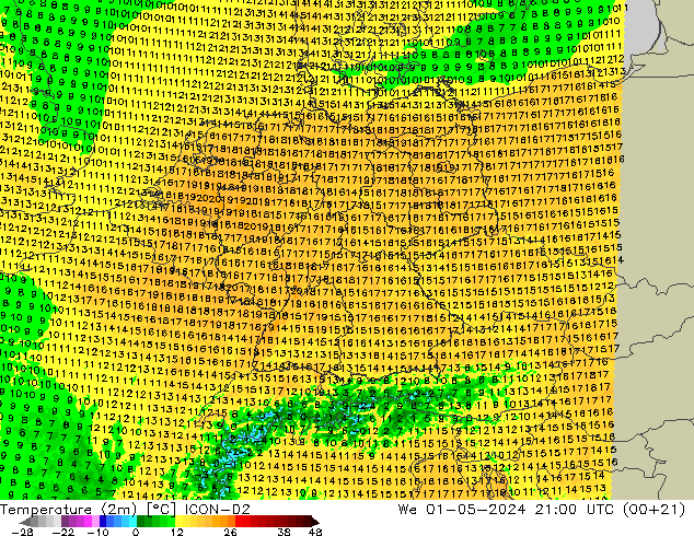 Temperaturkarte (2m) ICON-D2 Mi 01.05.2024 21 UTC