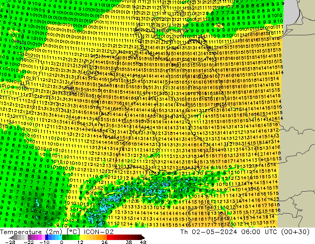 карта температуры ICON-D2 чт 02.05.2024 06 UTC