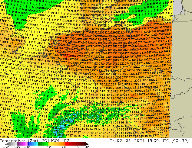 Temperatuurkaart (2m) ICON-D2 do 02.05.2024 15 UTC