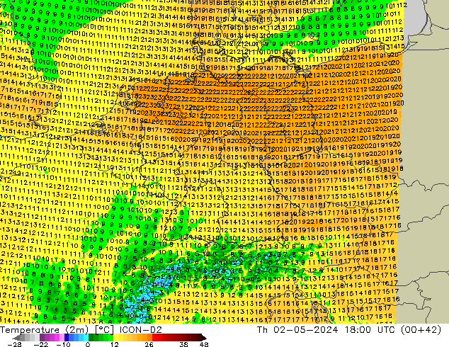 mapa temperatury (2m) ICON-D2 czw. 02.05.2024 18 UTC