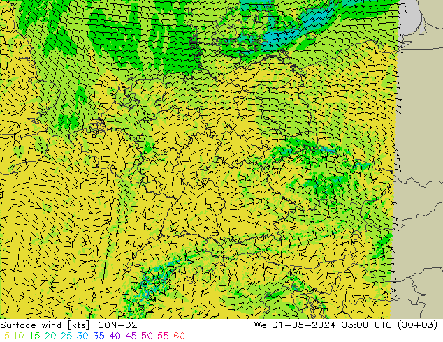 wiatr 10 m ICON-D2 śro. 01.05.2024 03 UTC