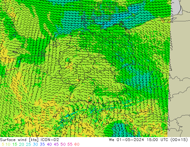 Surface wind ICON-D2 We 01.05.2024 15 UTC