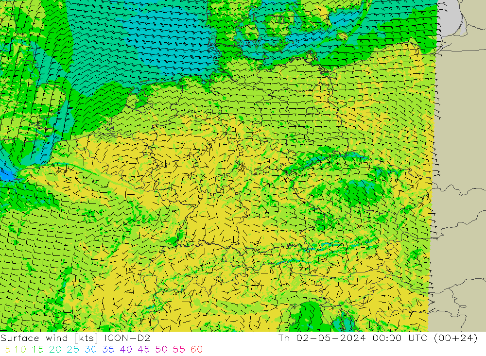 Surface wind ICON-D2 Th 02.05.2024 00 UTC