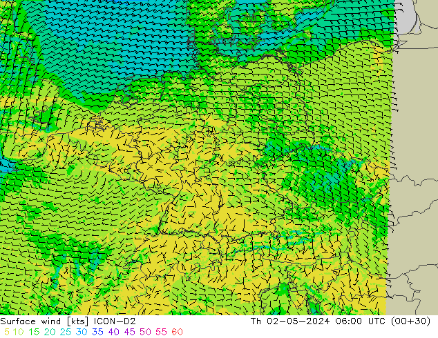 wiatr 10 m ICON-D2 czw. 02.05.2024 06 UTC