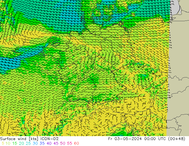 Surface wind ICON-D2 Fr 03.05.2024 00 UTC